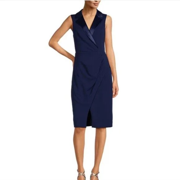 Adrianna Papell Navy Satin Wrap Front Crepe Dress Size 10 $139 - Picture 2 of 12